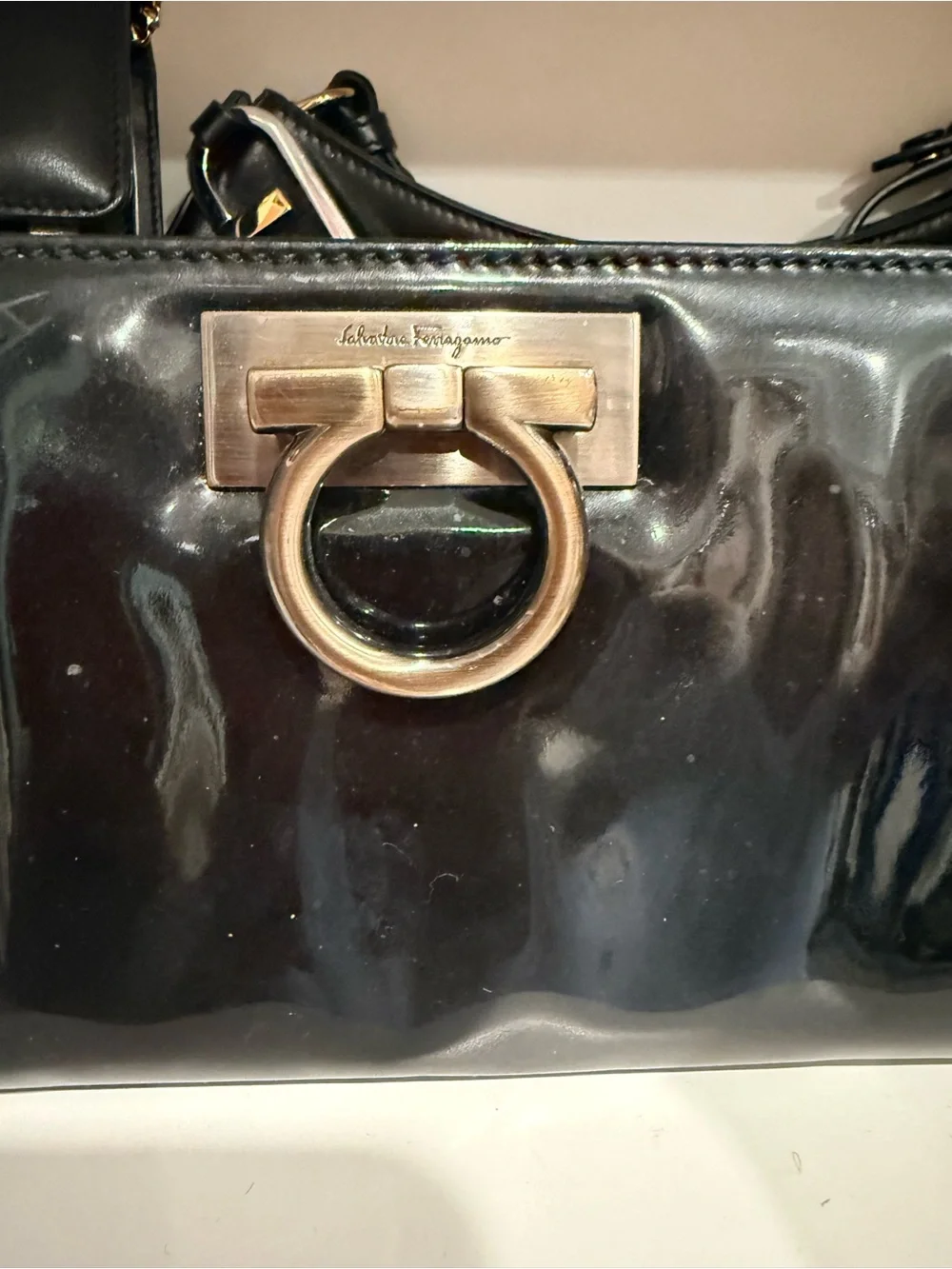 Salvatore Ferragamo Gancini Patent leather Black Mini Clutch Bag